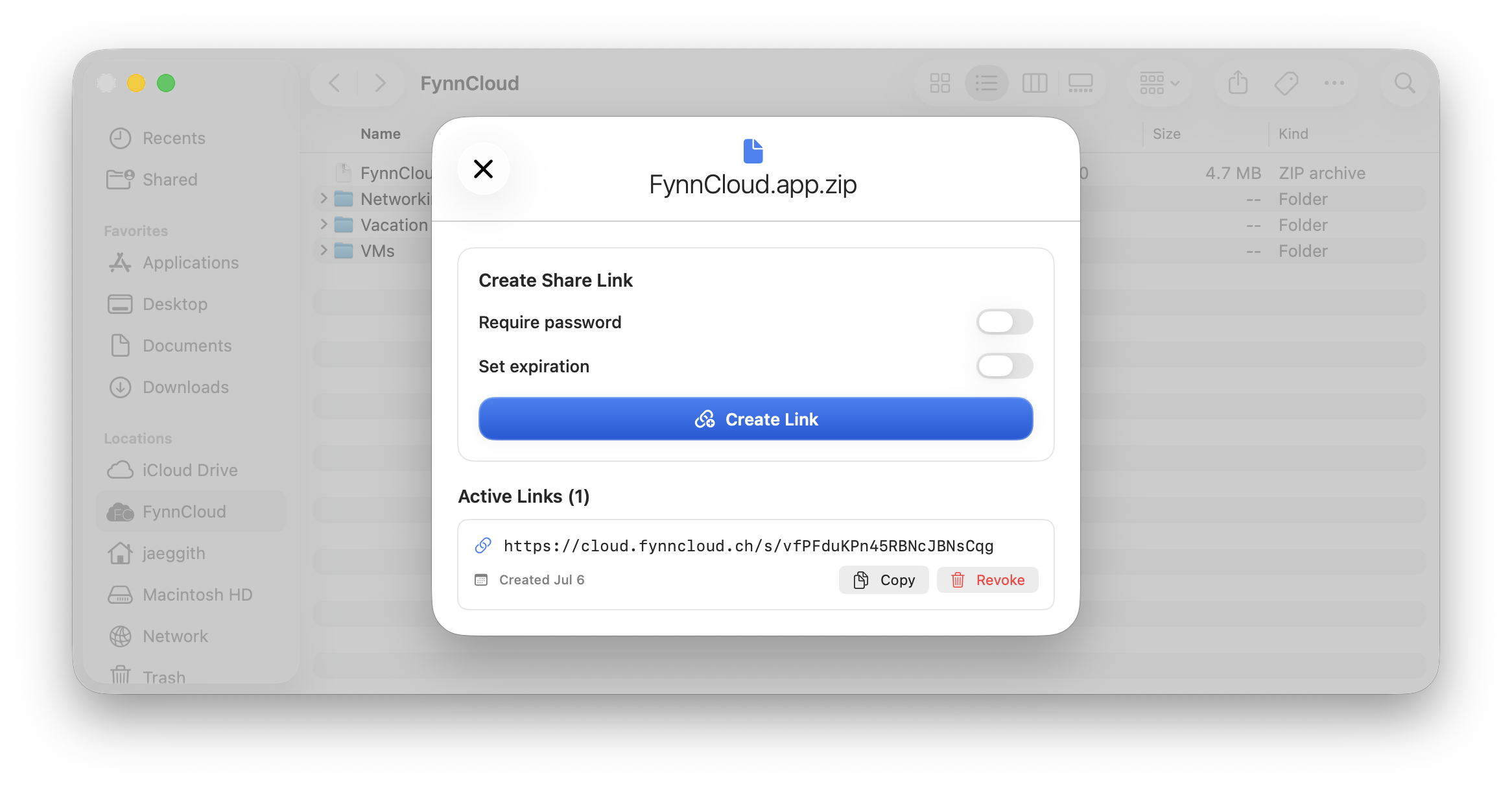 FynnCloud Finder Native Share Popover